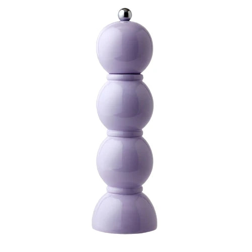 A tall, lilac-colored lacquered bobbin salt or pepper mill with a stainless steel top and bottom.