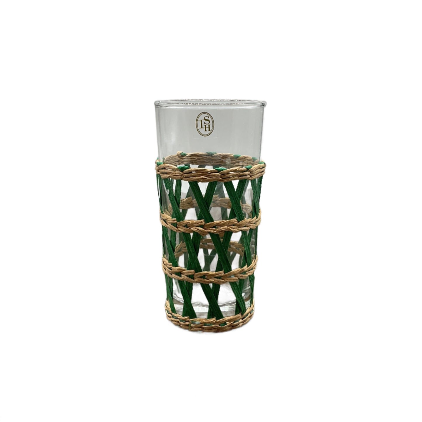 A clear highball glass with green woven seagrass wrapping