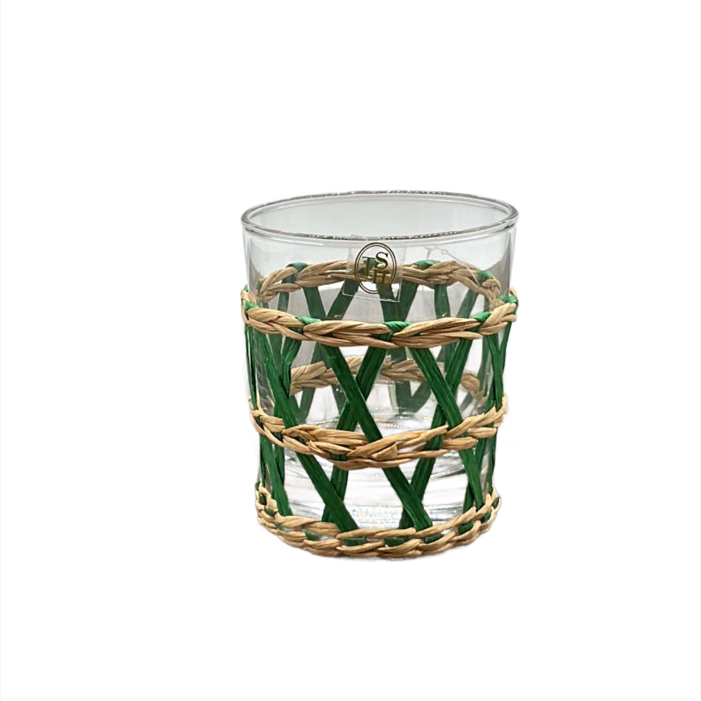 A clear highball glass with a green woven seagrass wrap
