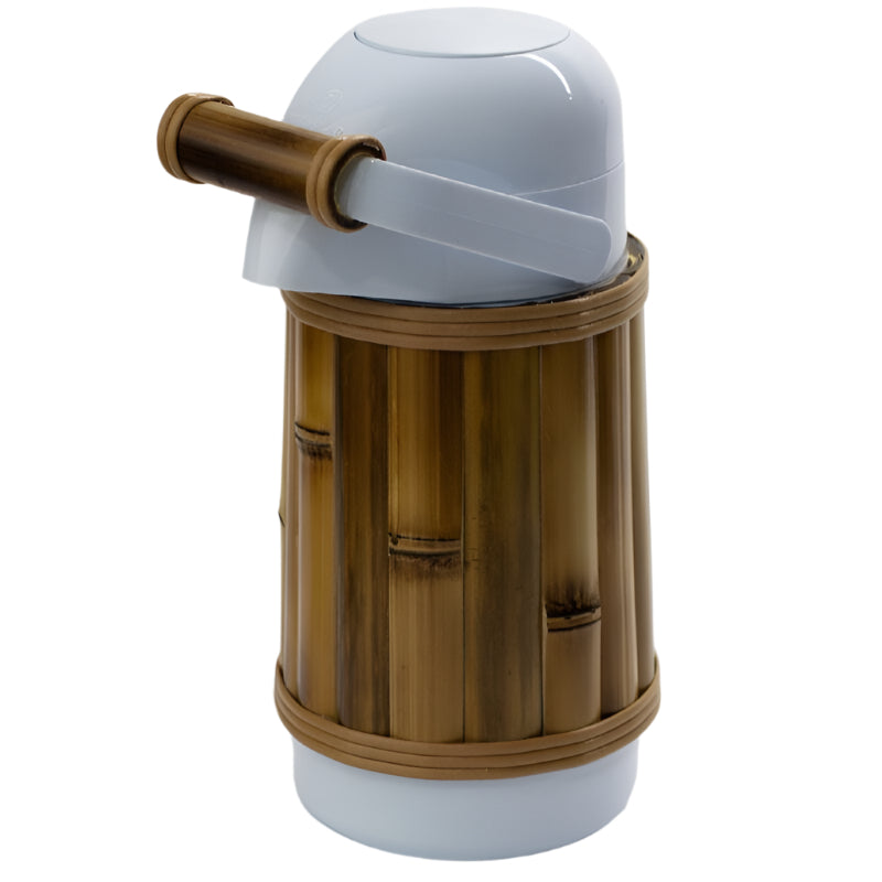 A white thermal carafe with a striped bamboo cover and a push-button lid.