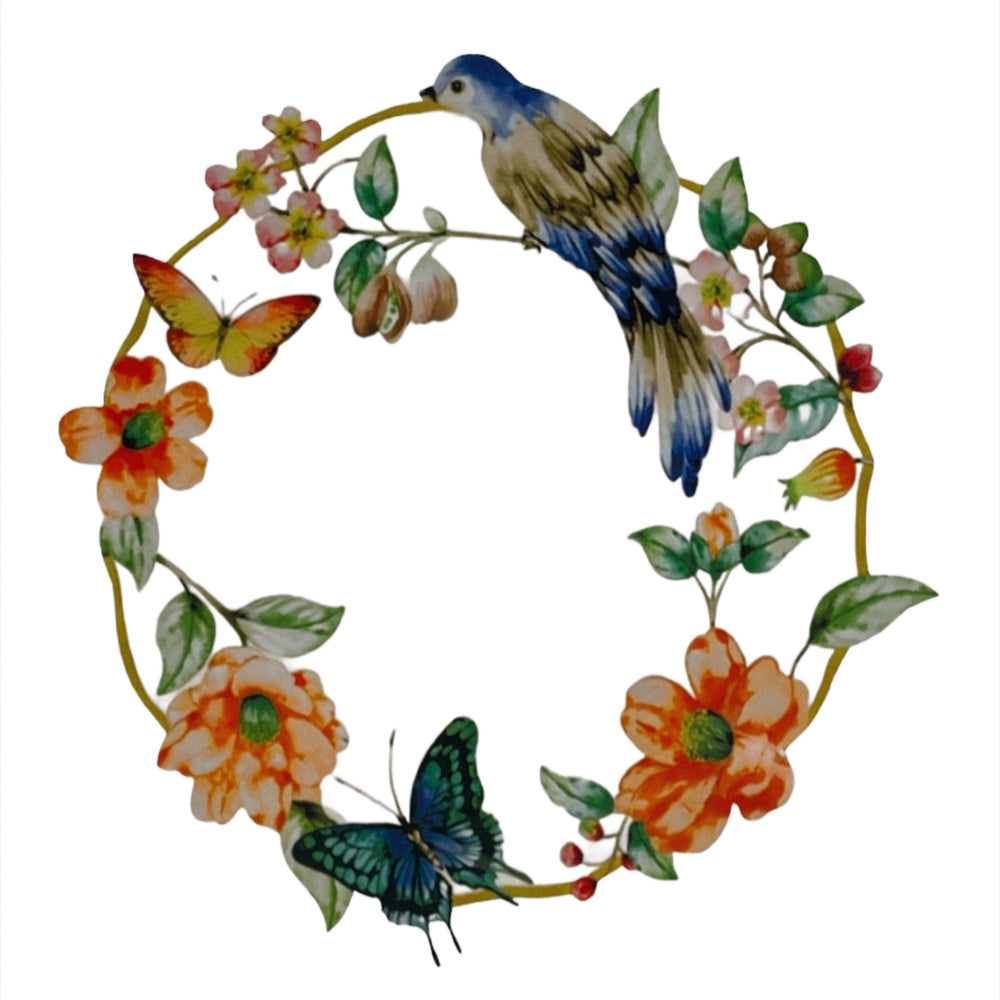 Decorative wreath with a bird, flowers, and butterflies.