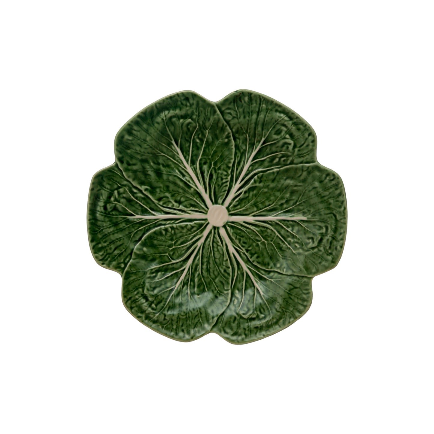 A green ceramic dinner plate designed to resemble a cabbage leaf, with a textured pattern and a central vein motif.
