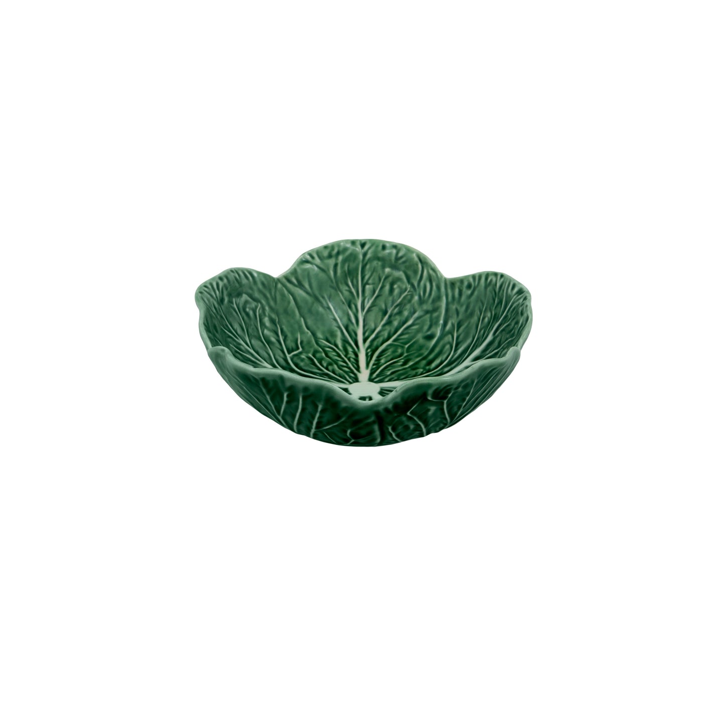 A large, green, earthenware bowl with a leaf-like design, part of the Bordallo Pinheiro Cabbage Collection.