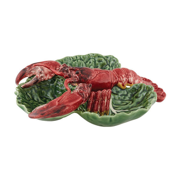 A large appetizer plate featuring a detailed, artistic depiction of a red lobster on a green cabbage leaf.