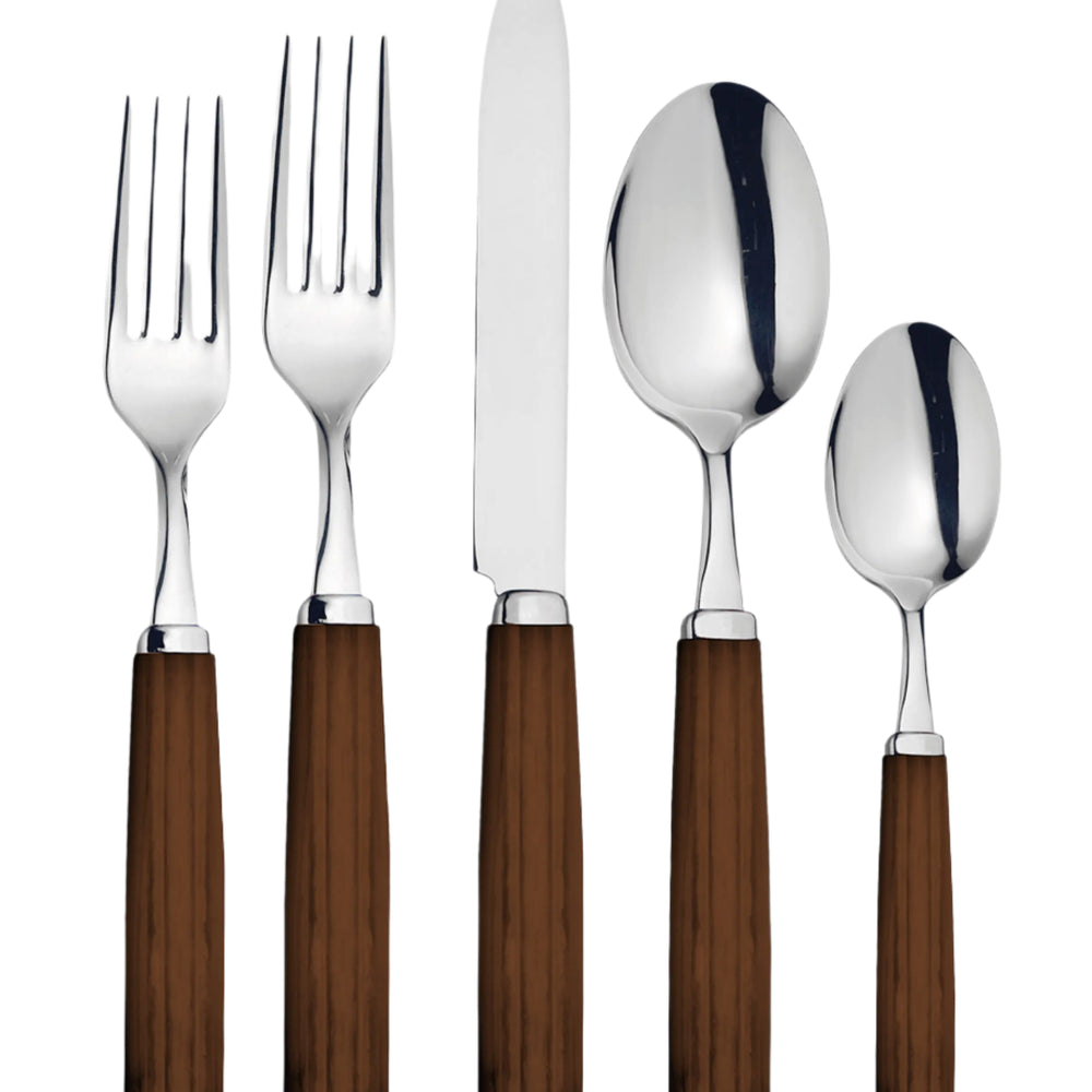 A 5-piece flatware set with dinner knife, dinner fork, salad/dessert fork, soup spoon, and teaspoon. The set has silver-colored metal parts with acacia wood handles.