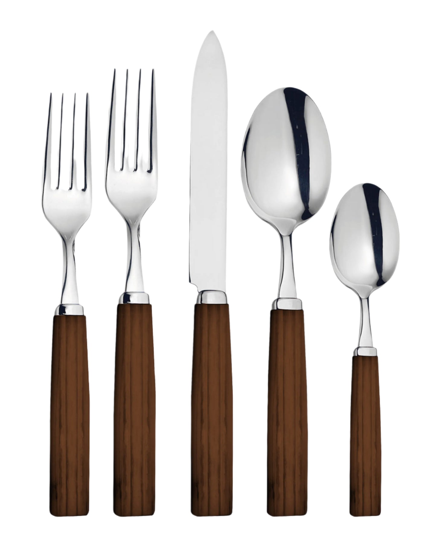 A 5-piece flatware set with dinner knife, dinner fork, salad/dessert fork, soup spoon, and teaspoon. The set has silver-colored metal parts with acacia wood handles.