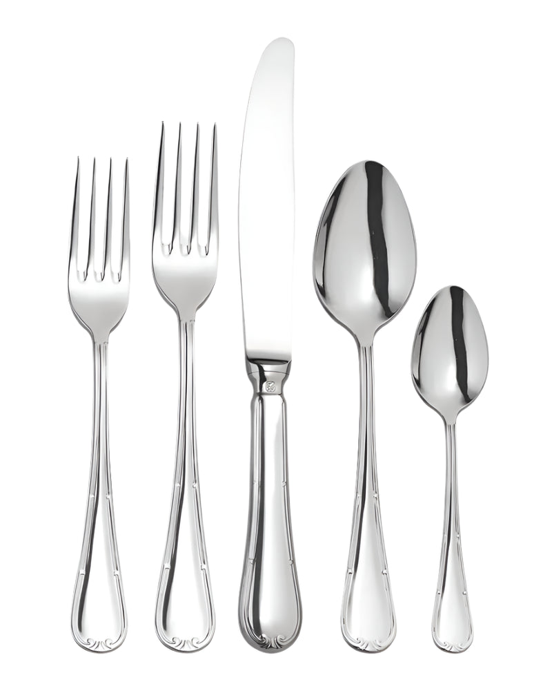 A 5-piece flatware set including a dinner knife, dinner fork, salad/dessert fork, soup spoon, and teaspoon with a sleek, polished finish.