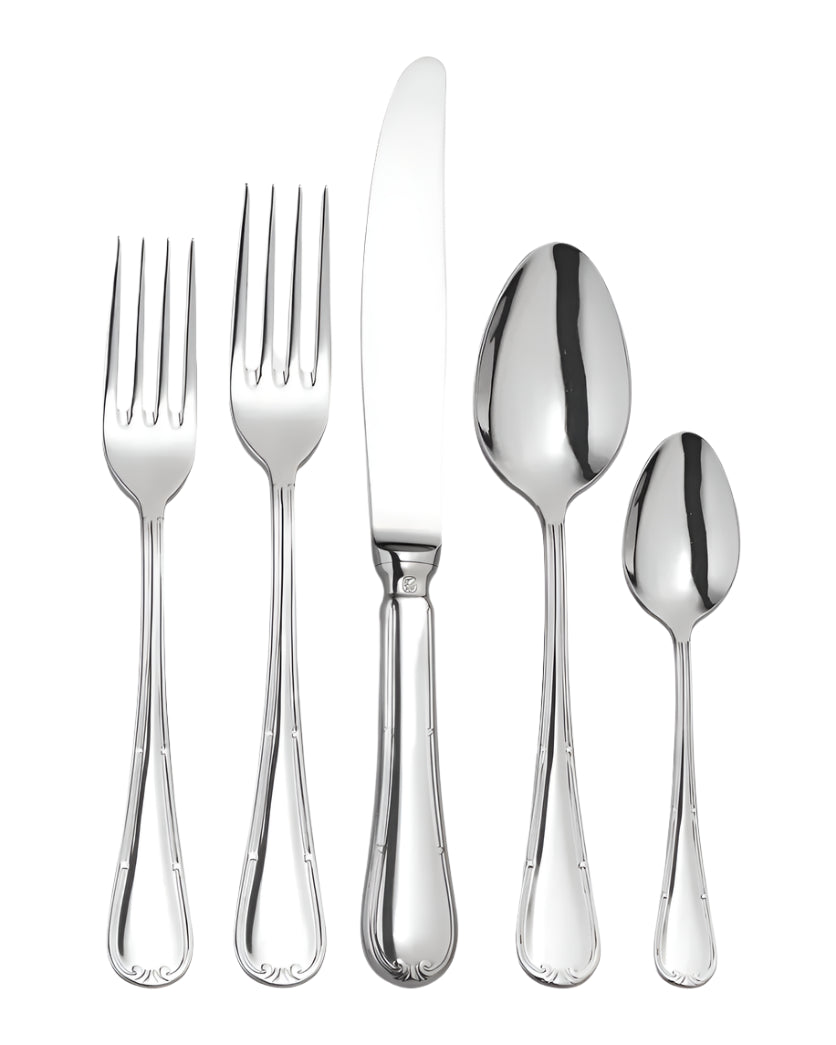 A 5-piece flatware set including a dinner knife, dinner fork, salad/dessert fork, soup spoon, and teaspoon with a sleek, polished finish.
