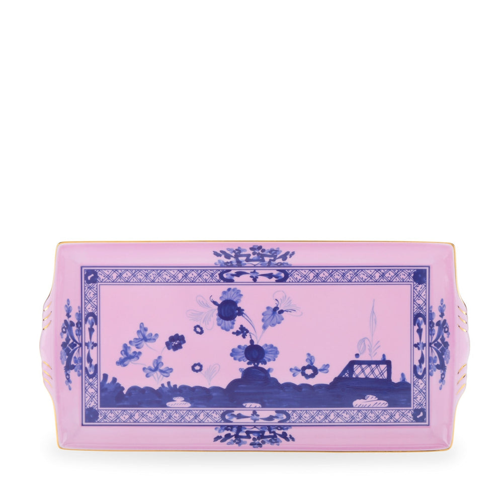 A large rectangular pink and gold serving tray with floral patterns, from the Oriente Italiano Collection.