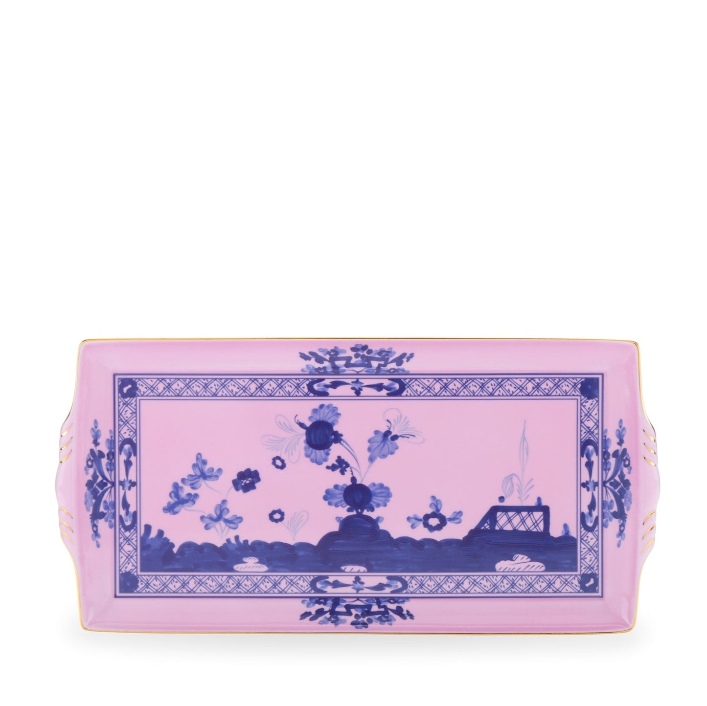 A large rectangular pink and gold serving tray with floral patterns, from the Oriente Italiano Collection.
