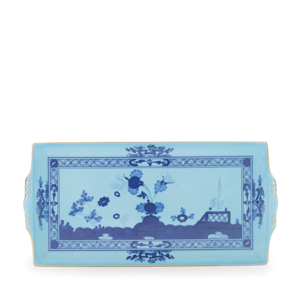 A rectangular, turquoise-colored ceramic serving tray with floral designs and gold trim, featuring handles on the sides.