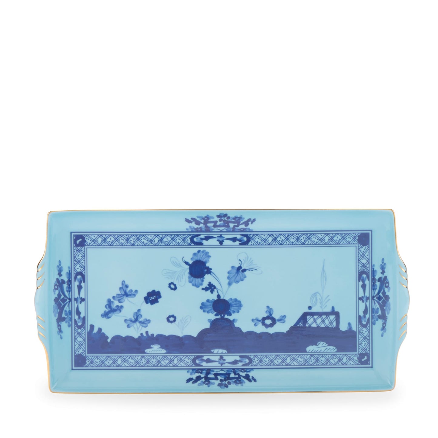 A rectangular, turquoise-colored ceramic serving tray with floral designs and gold trim, featuring handles on the sides.
