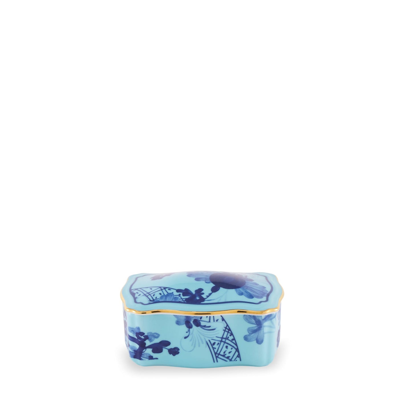 A blue porcelain jewelry box with gold trim and floral motifs, closed lid.