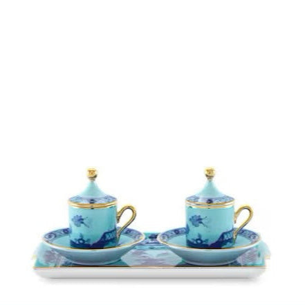 Ginori 1735 Oriente Italiano Tesori Iris Coffee Set for Two with Tray