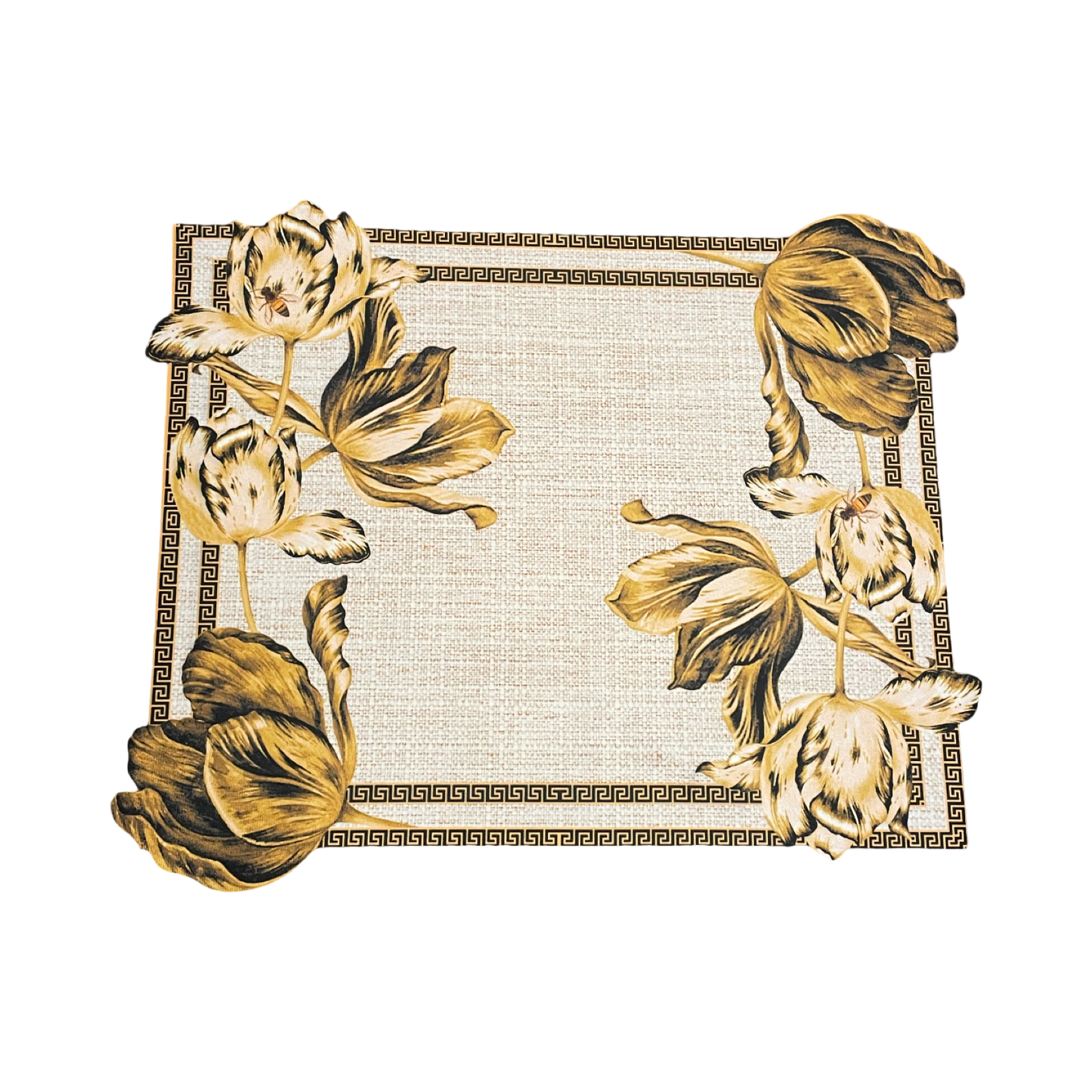 Decorative gold floral design on a white background