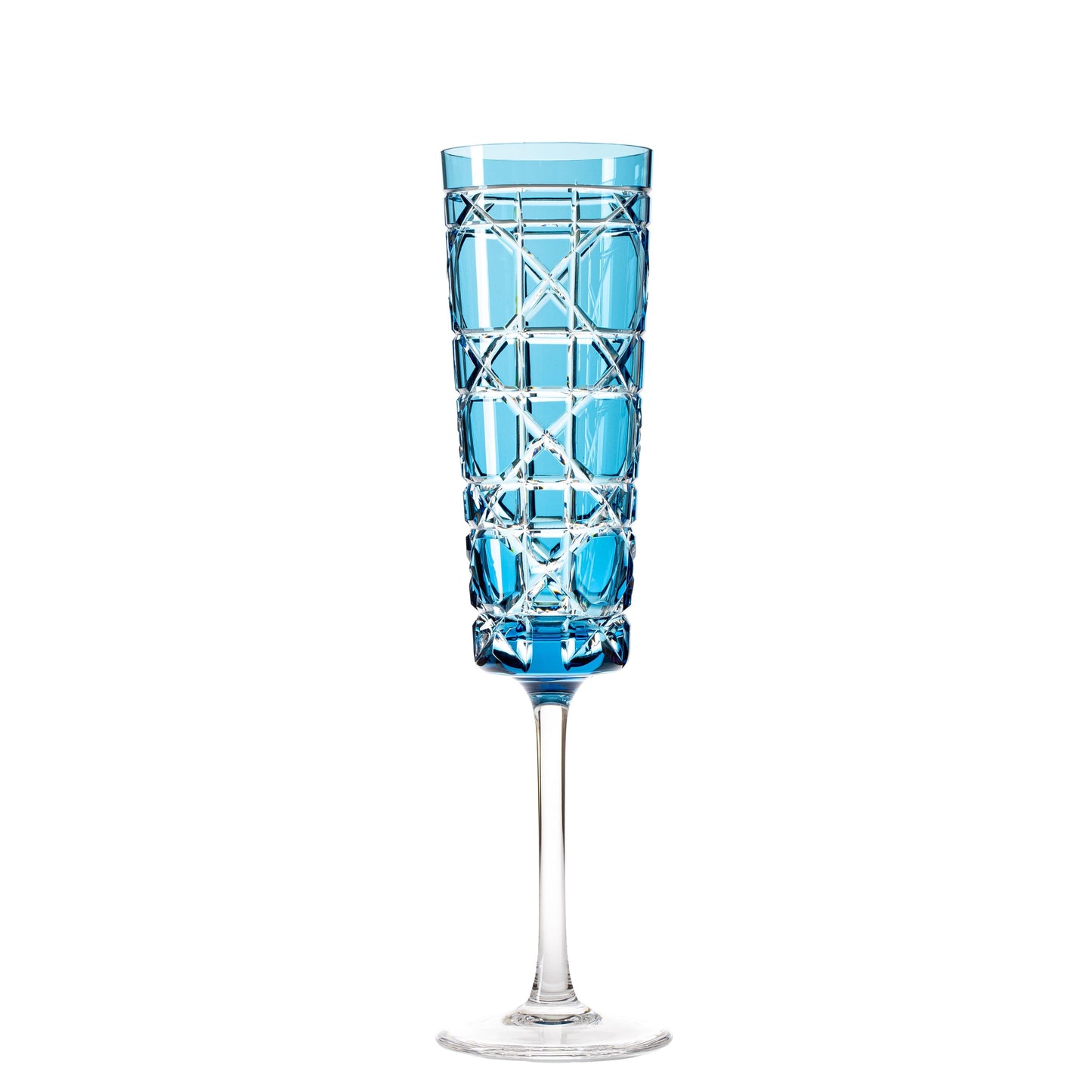 A single blue crystal champagne glass with a geometric pattern.