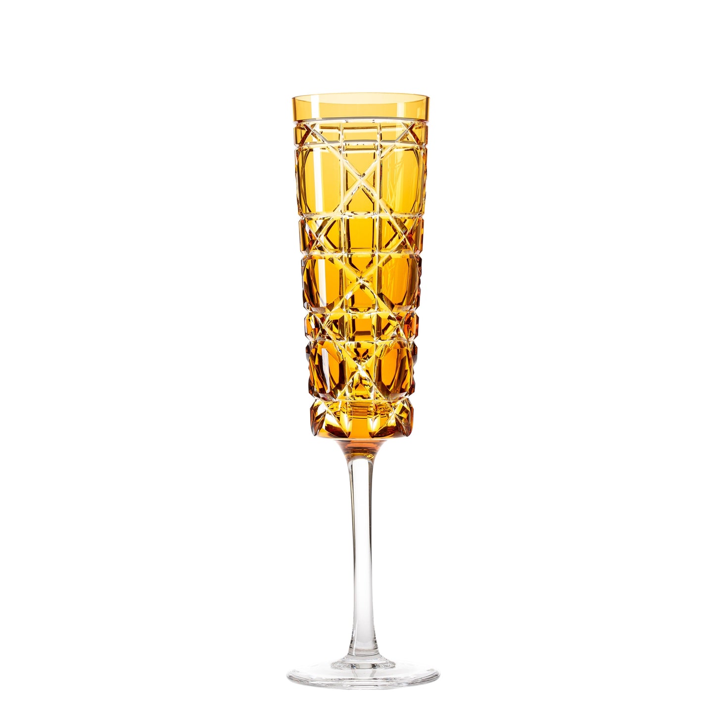 A single engraved royal crystal champagne glass with a amber color stripe on a clear glass stem.