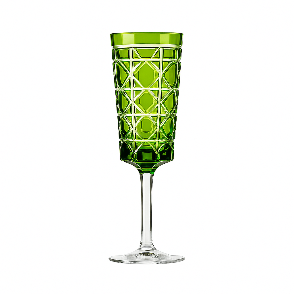 A green engraved royal crystal champagne glass with a geometric pattern.