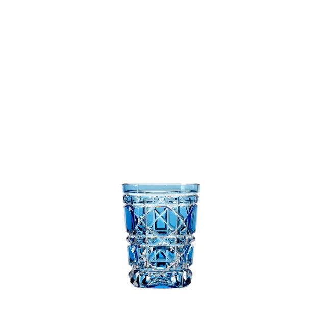 A blue engraved royal crystal shot glass.