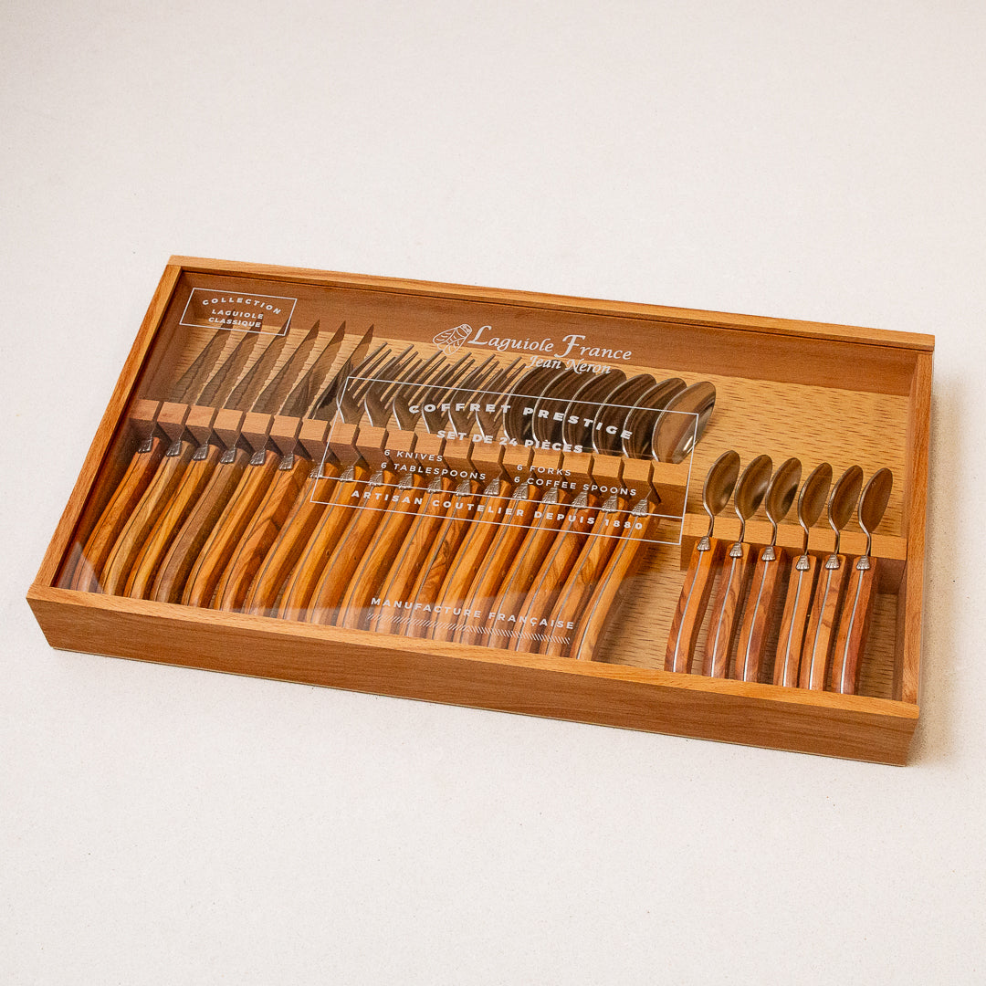 Laguiole 24-Piece Flatware Set Olivewood w/ Acrylic Lid