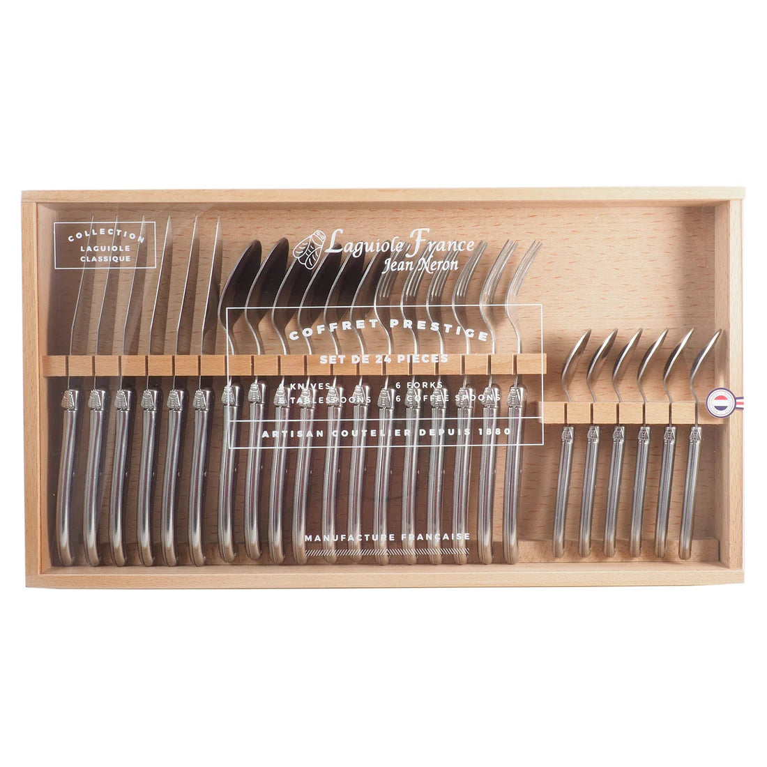 A 24-piece Laguiole stainless steel flatware set with acrylic lid, displayed in a wooden box. The set includes 6 table knives, 6 dinner forks, 6 tablespoons, and 6 teaspoons.