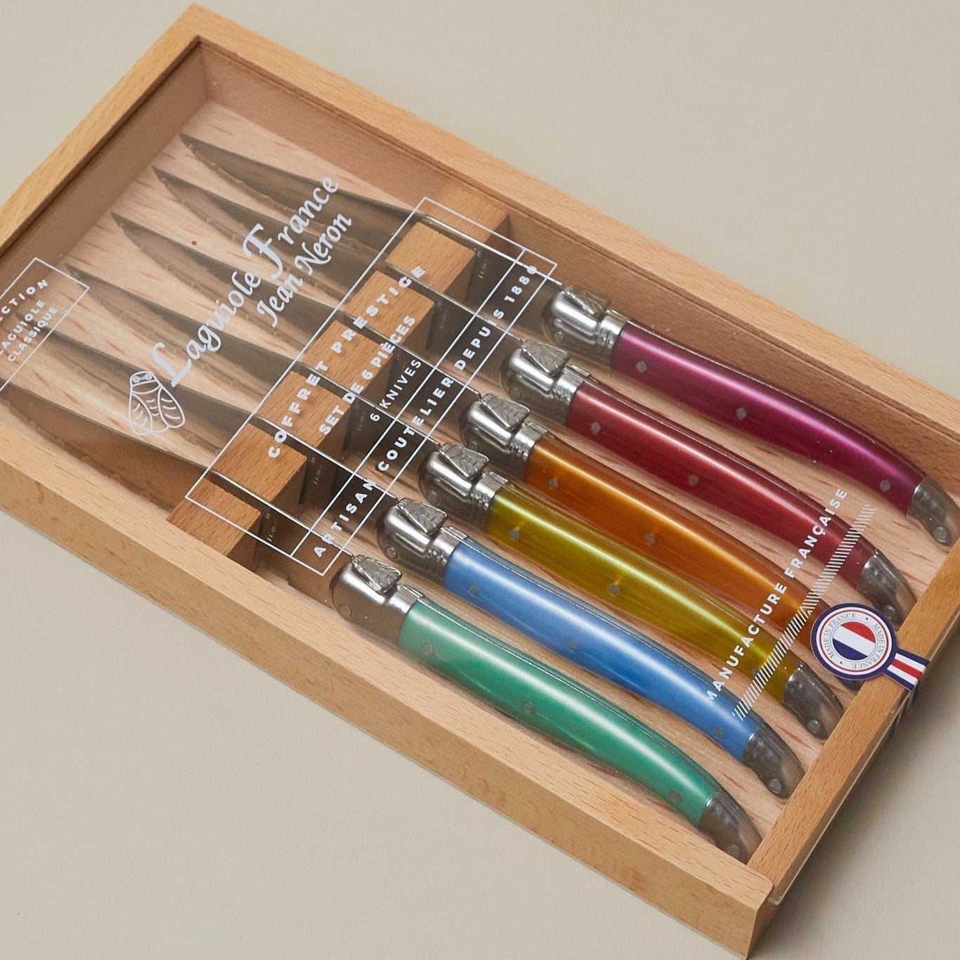 Laguiole 6-Piece Rainbow Platine Knives in Wood Box w/Acrylic Lid