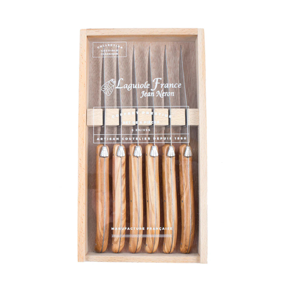 A set of six steak knives with olivewood handles, presented in a wooden box with an acrylic lid.