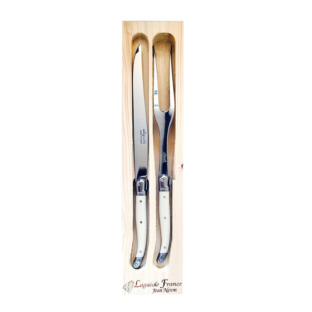 A 2-piece Laguiole carving set with one stainless steel carving knife and one carving fork, presented in a wooden storage tray.