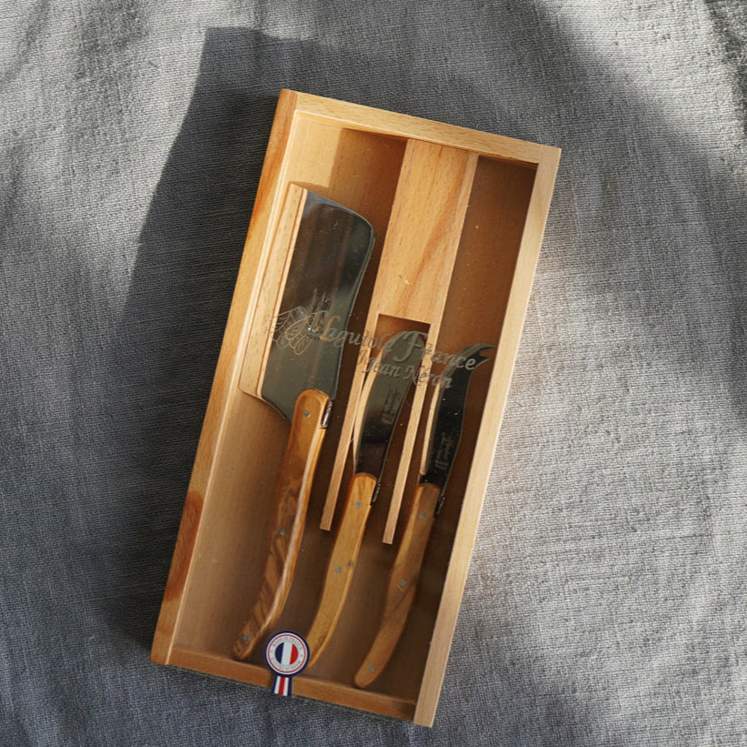 Laguiole by Jean Neron Olivewood Cheese 3-Piece Set in Wood Box w/Acrylic Lid