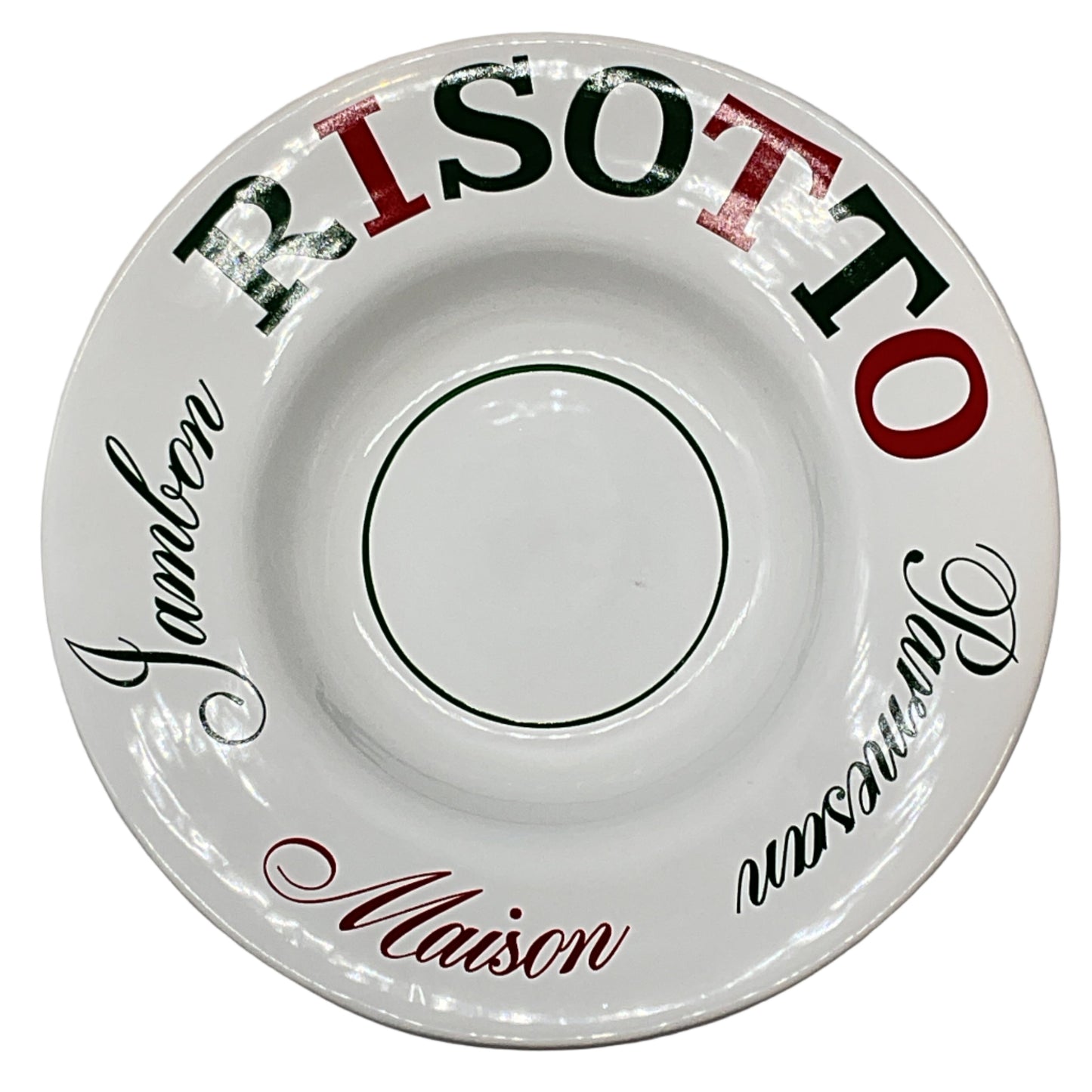 White ceramic dish with Italian text on a gray background