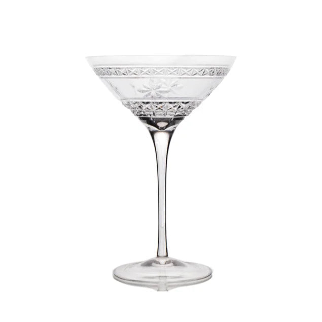 A clear crystal martini glass with a geometric pattern on the stem and bowl.