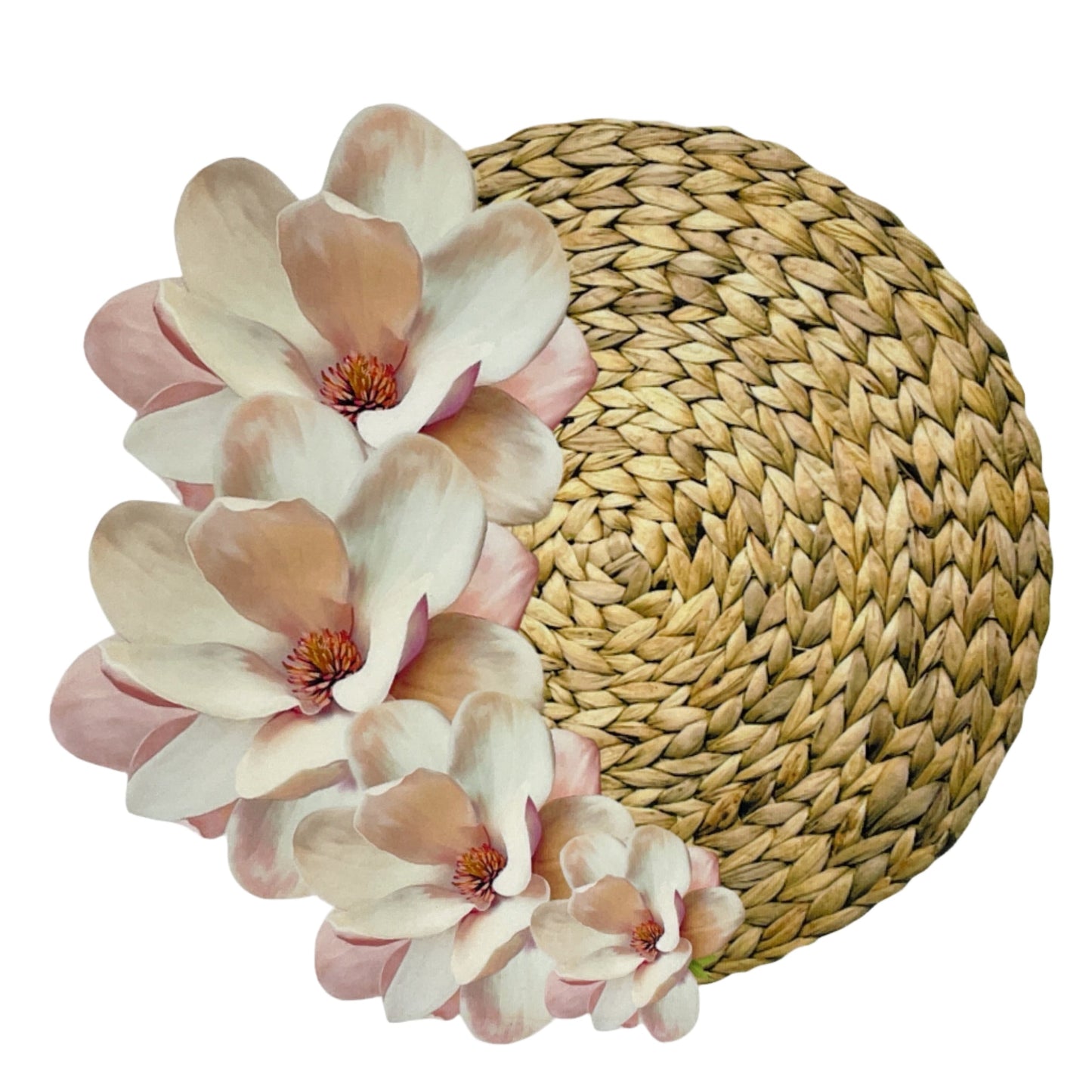 Woven basket with pink and white flowers.
