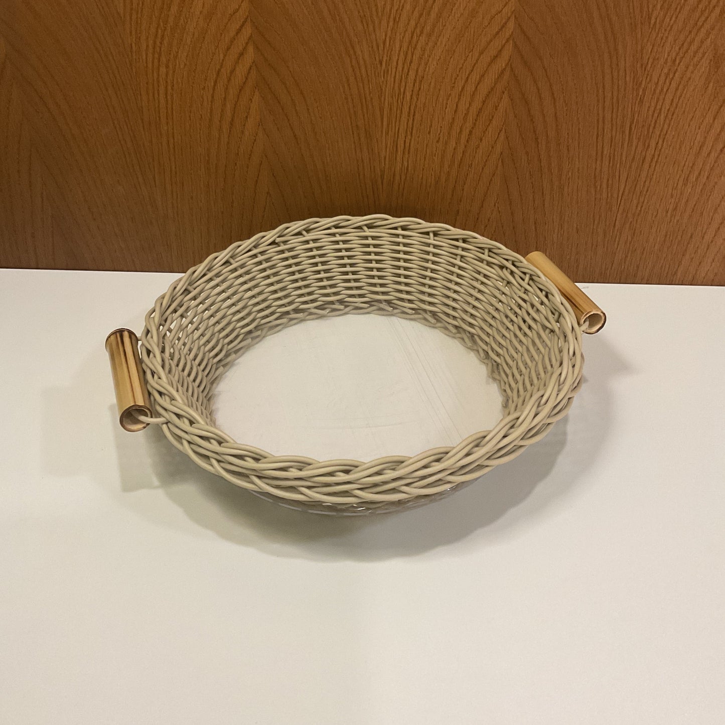 Round Wicker Basket with Bamboo Handles - Sand Beige (Medium)