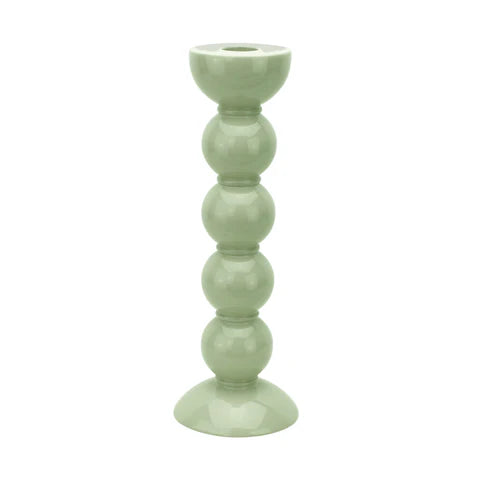 A tall sage green lacquered bobbin-shaped candlestick with eight layers of high-gloss lacquer.