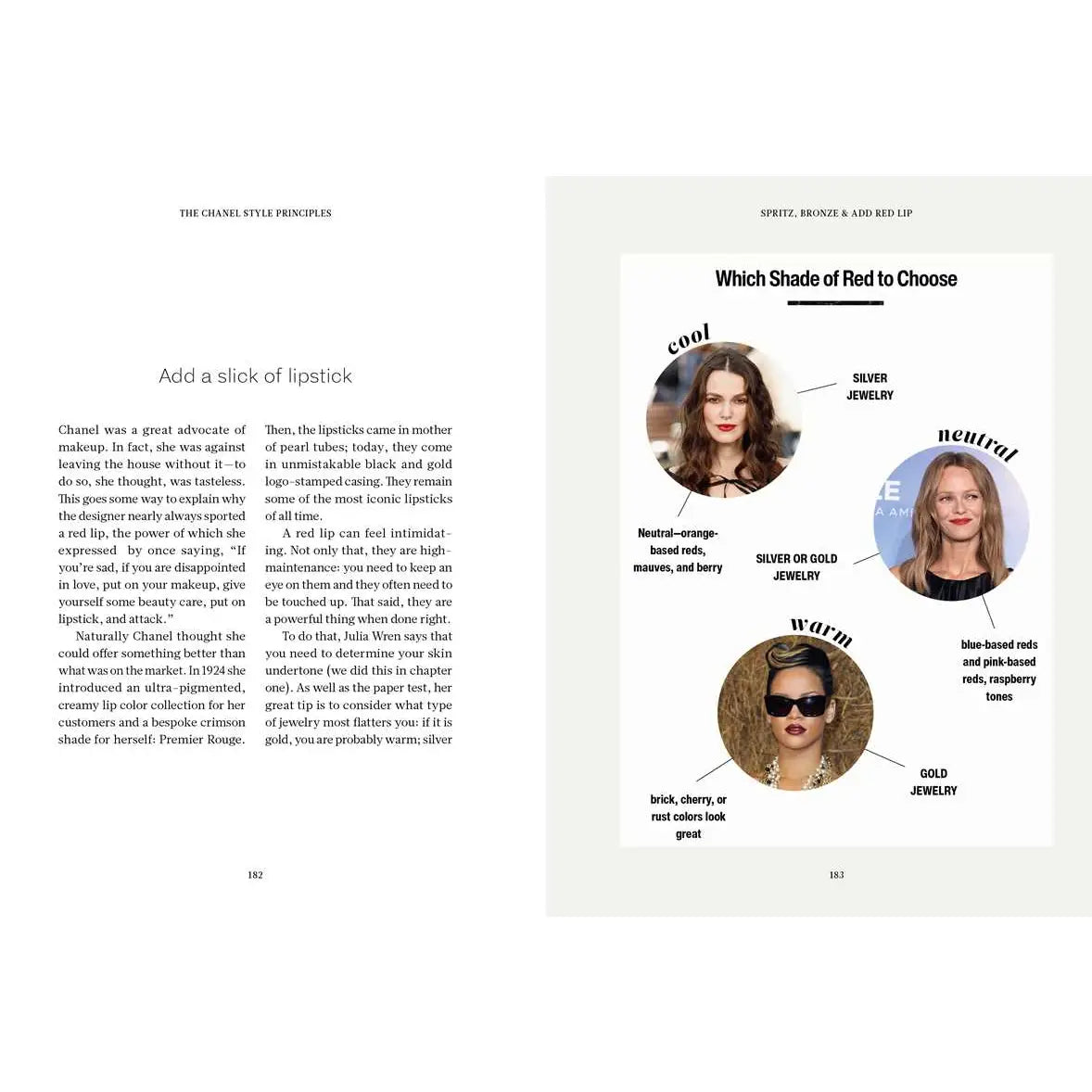 A two-page spread from a beauty magazine showing editorial text about Chanel and lipstick shades, alongside circular photos of a woman with different red lip colors labeled cool, neutral, and warm.
