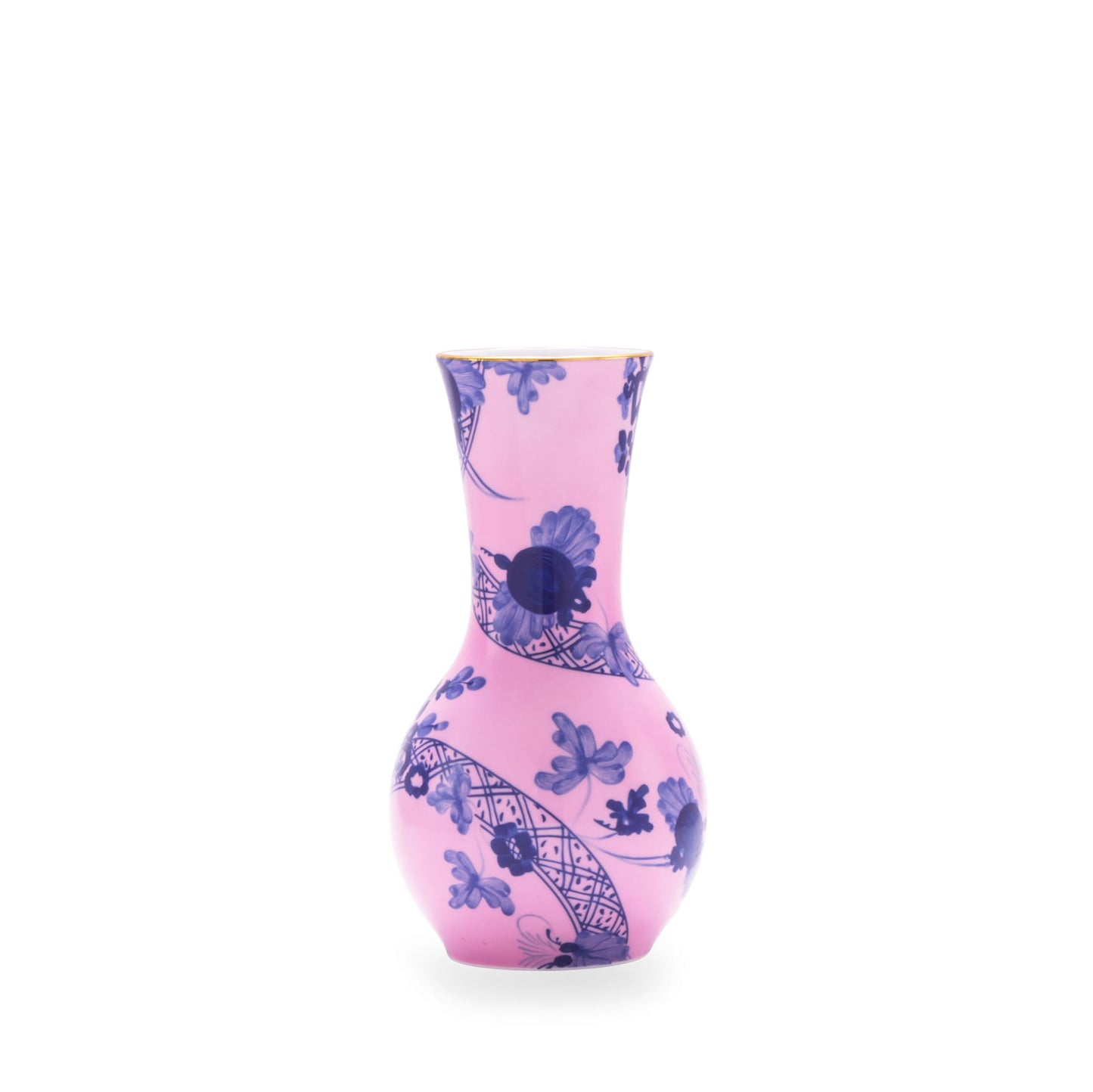 A small, pink, floral-patterned tulip-shaped vase with gold trim.
