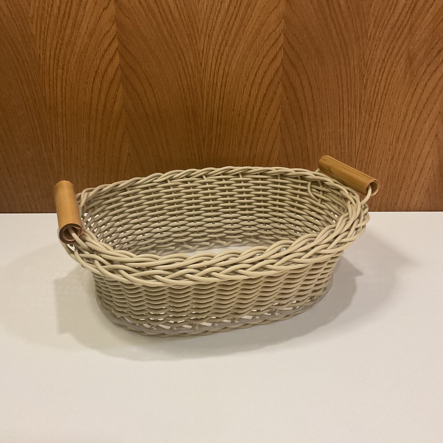 Oval Wicker Basket with Bamboo Handles - Sand Beige (Small)