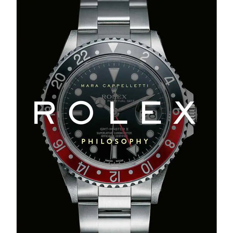 Rolex Philosophy GMT-Moon II wristwatch with a silver Oyster bracelet, black dial, and a red and black rotating bezel, shown against a black background with a large white ROLEX watermark overlay.