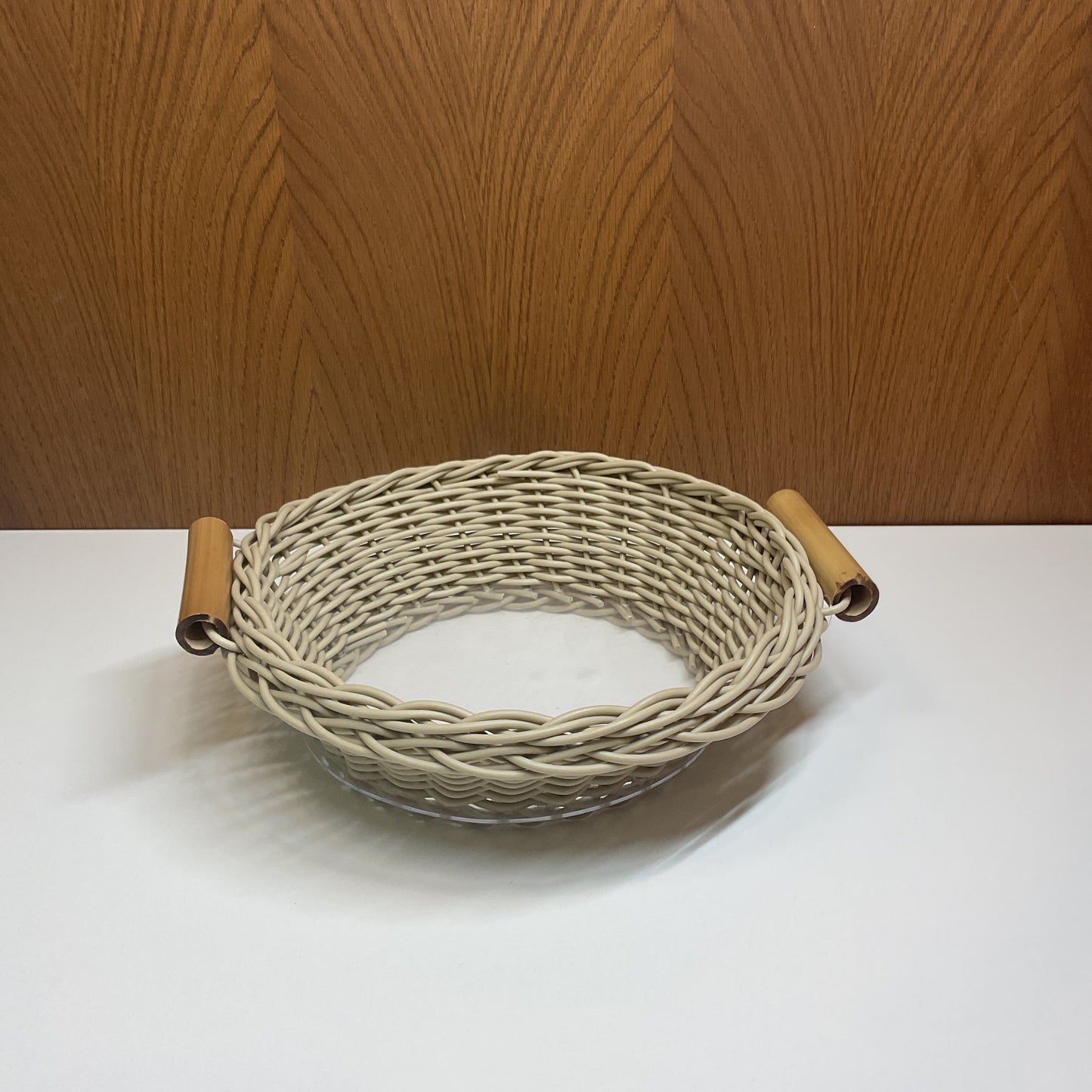 Round Wicker Basket with Bamboo Handles - Sand Beige (Small)