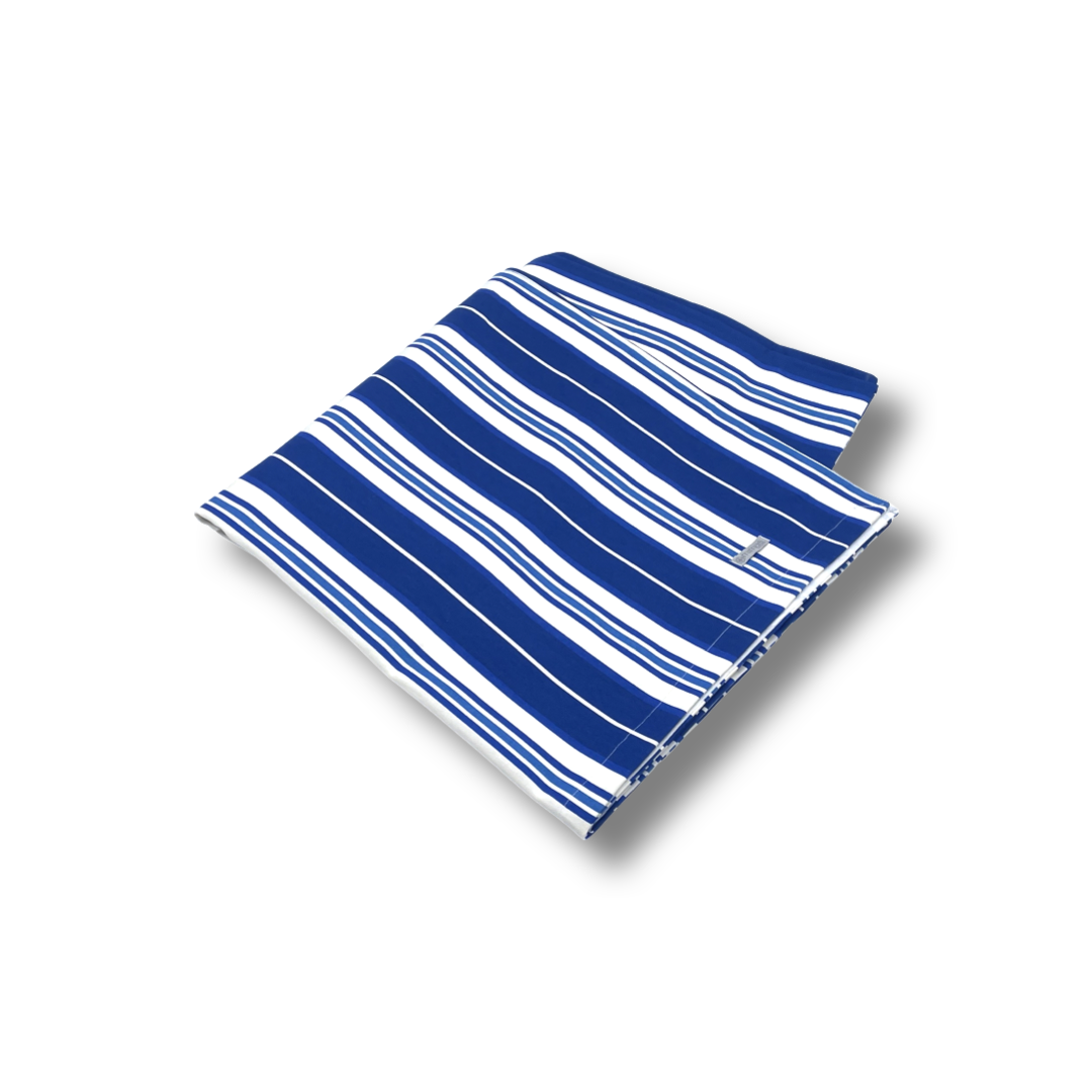 A royal blue and white striped rectangular tablecloth.