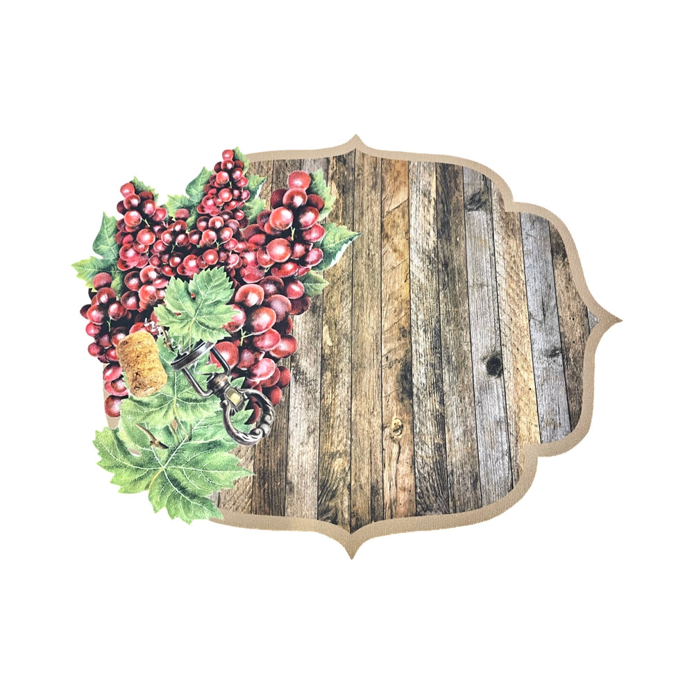 Decorative sign with grapes and a key on a wooden background