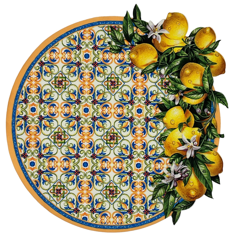 Decorative plate with floral and lemon design.