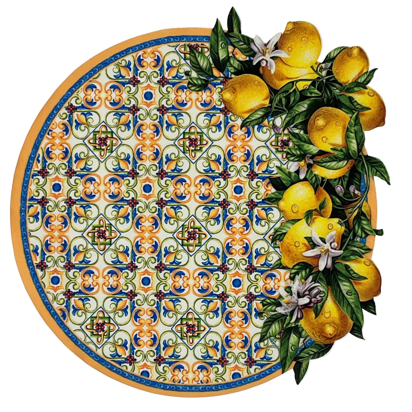 Decorative plate with floral and lemon design.