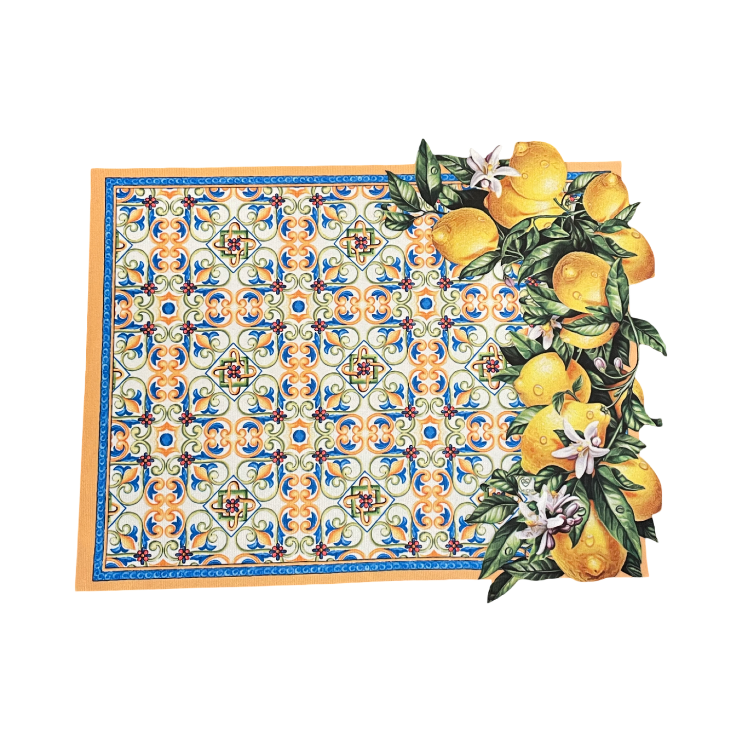 Decorative tablecloth with floral pattern and lemon design.