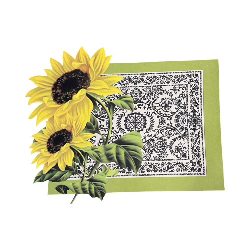 Two sunflowers on a green background with a black and white patterned bandana.