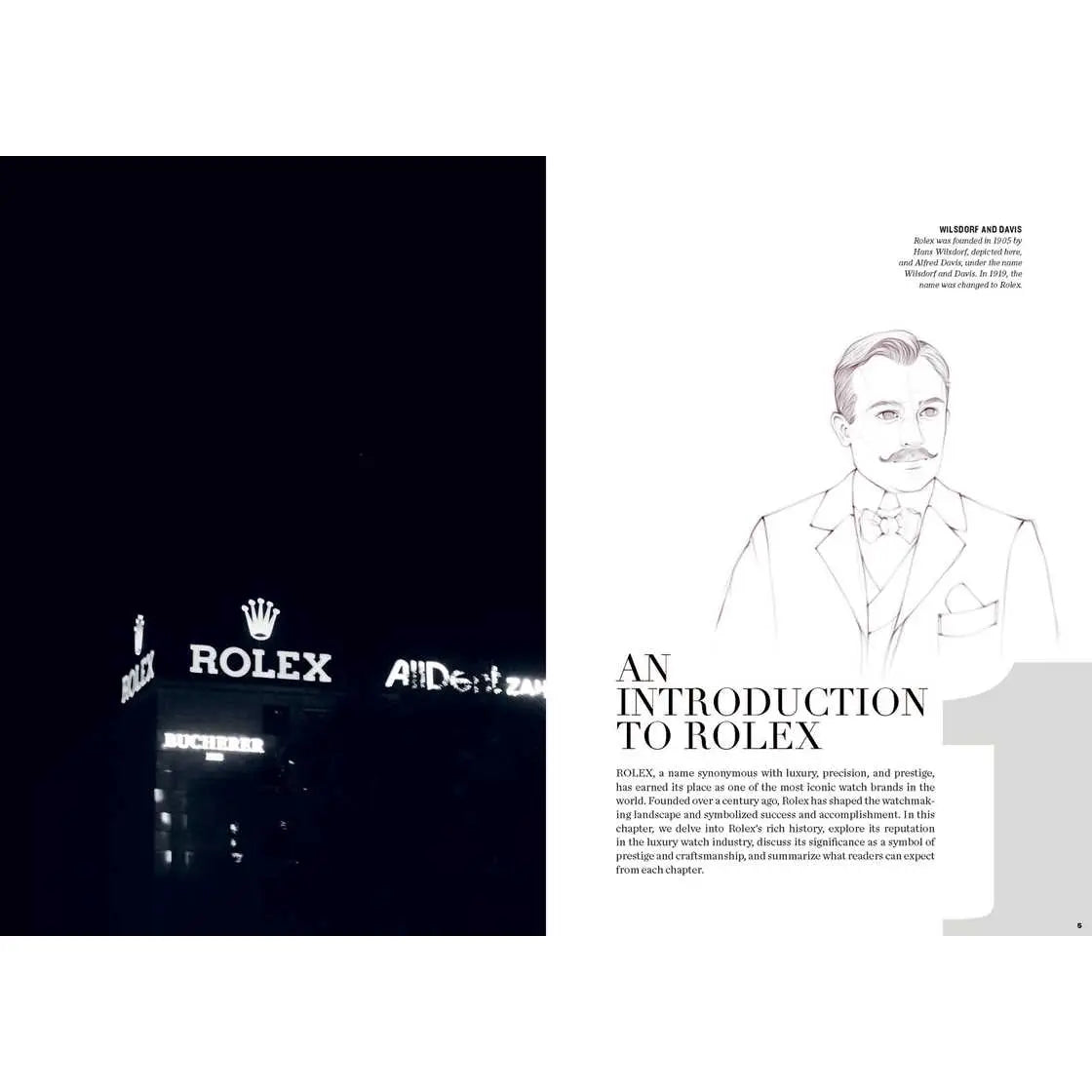 A two-page spread from a book or magazine about Rolex, with a dark night photograph of a Rolex building sign on the left and a white page with a line drawing of a man and the title 'An Introduction to Rolex' on the right.