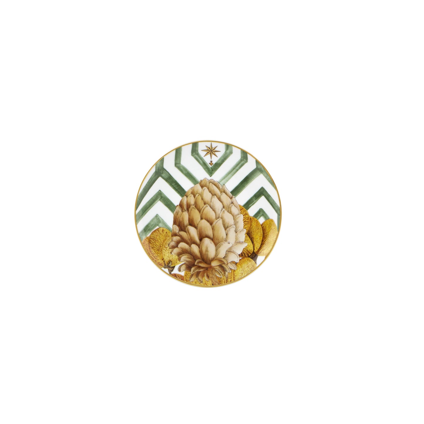 A round porcelain bread and butter plate with a central depiction of an Amazonian fruit, surrounded by a green and white geometric pattern.