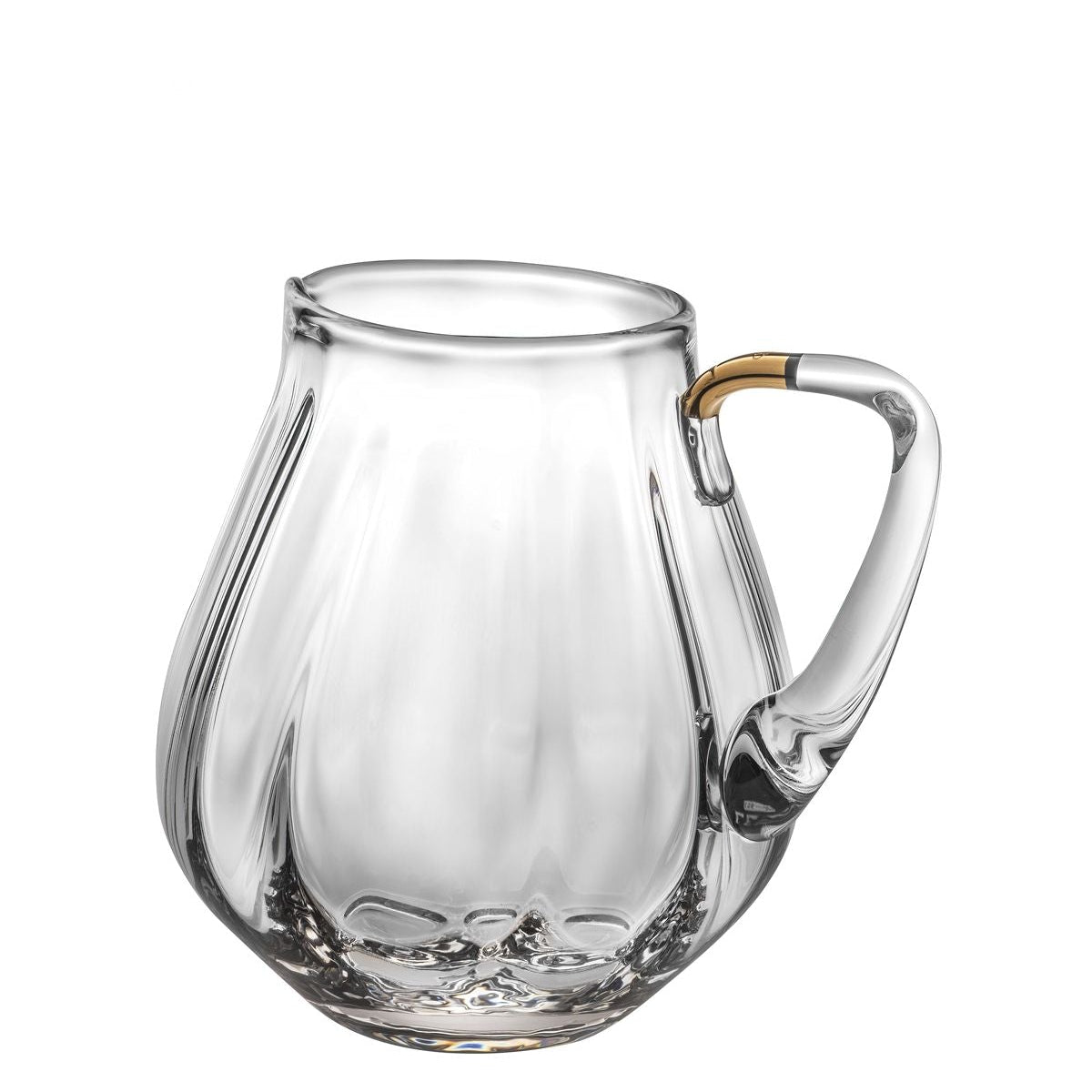A clear glass pitcher with fluted designs and a handle, accentuated with matte gold filaments.