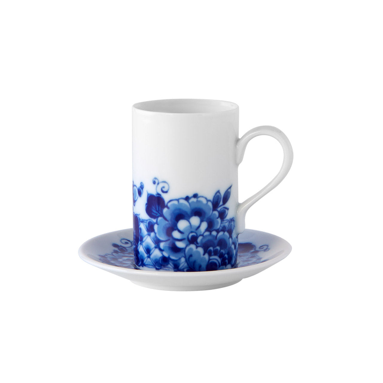 A white coffee cup with blue floral patterns on it, accompanied by a matching saucer, part of the Vista Alegre Blue Ming collection.