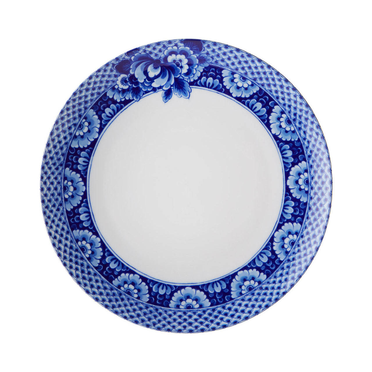 Blue and white decorative plate with floral patterns.